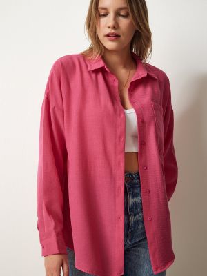 Oversized lněná košile Happiness İstanbul růžová