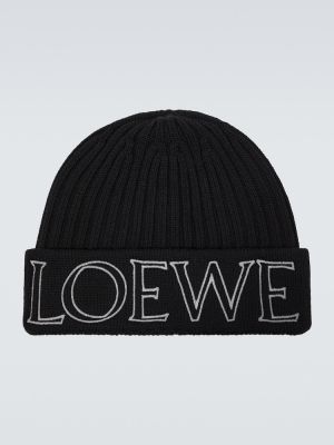 Vlnená vlnená čiapka s výšivkou Loewe čierna