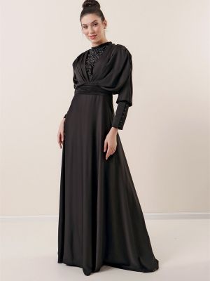 Satynowa sukienka długa na guziki z koralikami By Saygı czarna