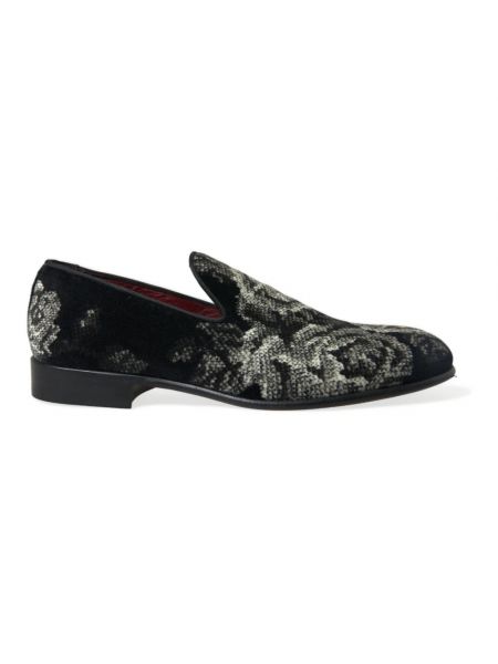 Welurowe loafers skórzane w kwiatki Dolce And Gabbana czarne