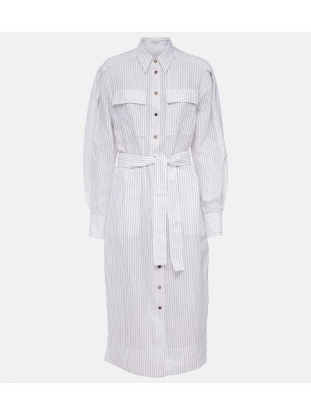 Prugasti pamučni svileni midi haljina Brunello Cucinelli bijela
