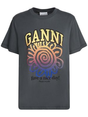 Kvetinové bavlnené tričko s potlačou Ganni sivá