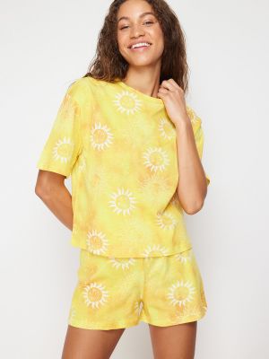 Dzianinowa piżama bawełniana Trendyol żółta