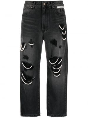 Černé bavlněné straight fit džíny s perlami Kimhekim