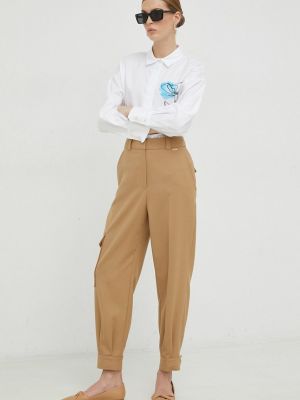 Jednobarevné vlněné kalhoty s vysokým pasem Boss - béžová