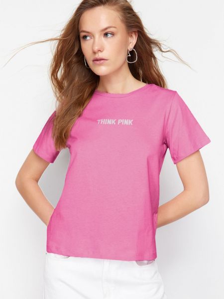 Πλεκτή βαμβακερή βασικό μπλουζάκι με κέντημα Trendyol ροζ