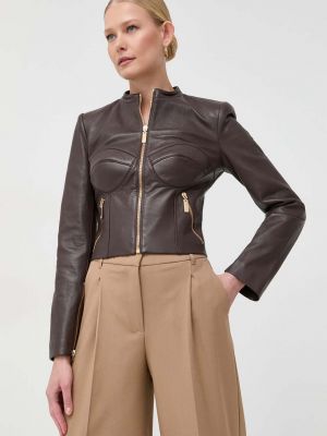 Kožená bunda Elisabetta Franchi dámská, hnědá barva, přechodná