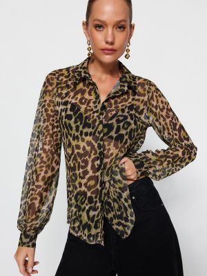 Риза с принт с леопардов принт от тюл Trendyol кафяво