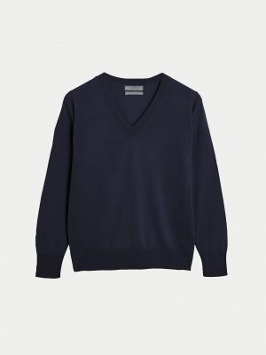 Шерстяной свитер из шерсти мериноса с v-образным вырезом Marks & Spencer синий