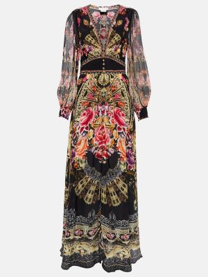 Jedwabna sukienka długa z nadrukiem z dekoltem w serek Camilla