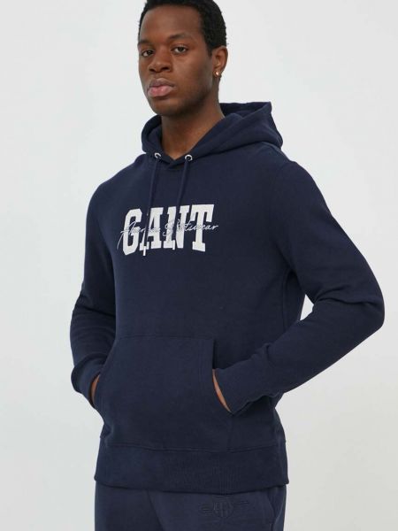 Синий хлопковый свитер с капюшоном с аппликацией Gant
