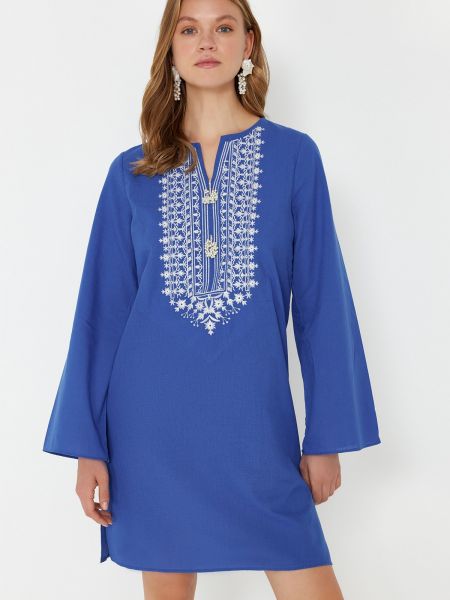 Pamučna mini haljina s vezom za plažu Trendyol plava