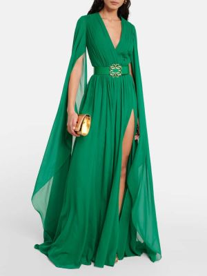 Rochie lunga de mătase din șifon plisată Elie Saab verde