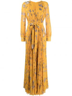 Sukienka długa w kwiatki z nadrukiem plisowana Erdem żółta