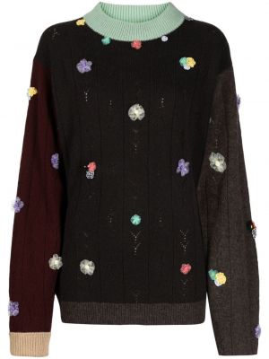 Sweter w kwiatki Yanyan Knits brązowy
