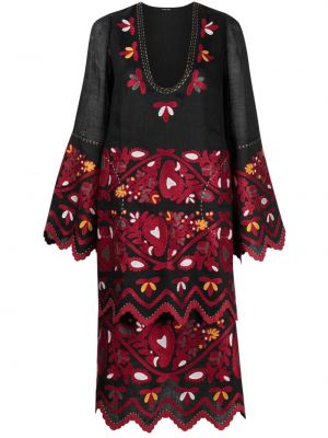 Lněné midi šaty s výšivkou s lodičkovým výstřihem Vita Kin - černá