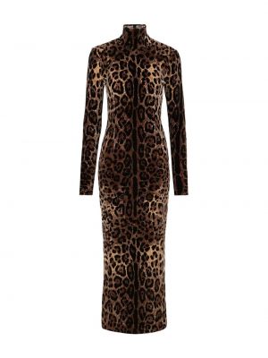 Bavlnené koktejlkové šaty s potlačou s leopardím vzorom Dolce & Gabbana hnedá