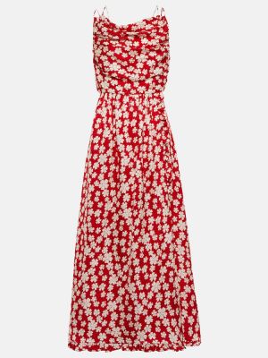 Jedwabna sukienka midi w kwiatki z nadrukiem Miu Miu czerwona