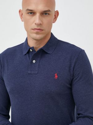 Pamučna polo majica jednobojna sa dugačkim rukavima Polo Ralph Lauren plava