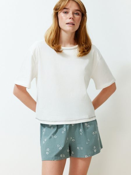 Pijamale din bumbac tricotate cu imprimeu geometric Trendyol alb