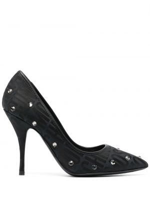 Жакардови полуотворени обувки с ток с висок ток Moschino черно