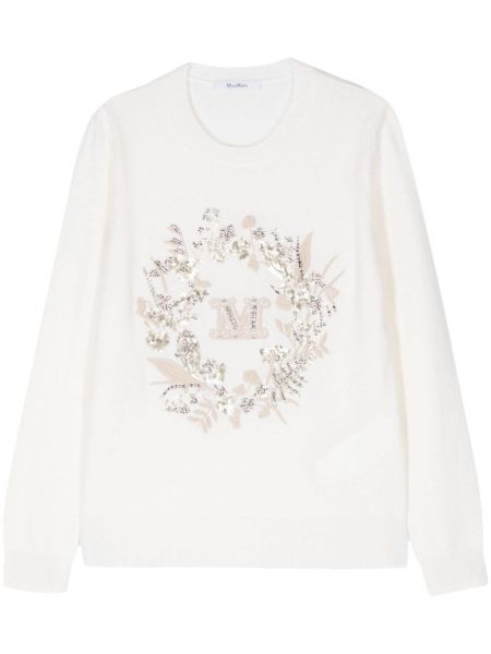 Sweter w kwiatki z okrągłym dekoltem Max Mara biały