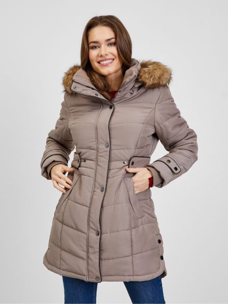 Prošívaný zimní kabát s kožíškem s kapucí Orsay hnědý