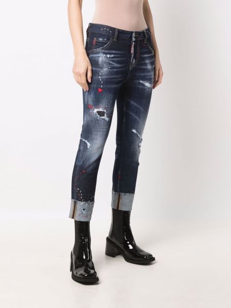 Skinny džíny s oděrkami se srdcovým vzorem Dsquared2 modré
