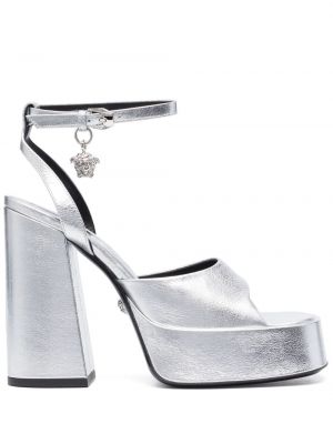 Kožené sandály na platformě Versace stříbrné