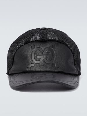 Usnjena kapa s šiltom z mrežo Gucci črna