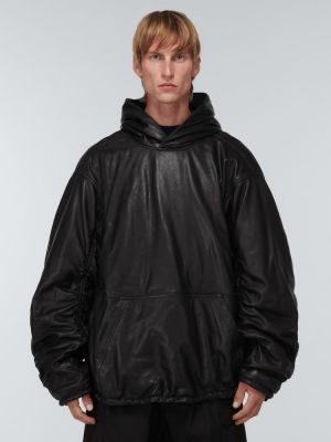 Oversize dabīgās ādas kapučdžemperis Balenciaga melns
