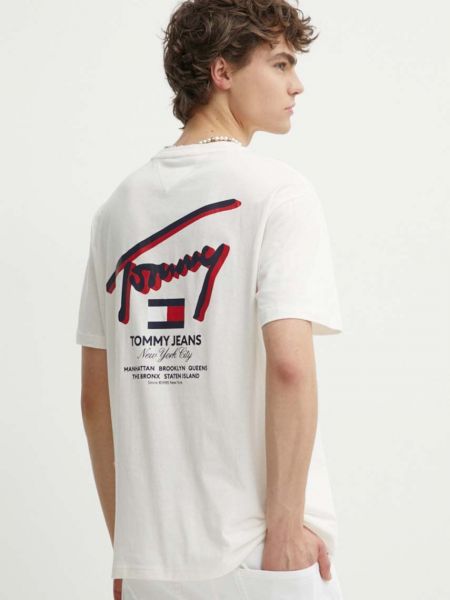 Koszulka bawełniana z nadrukiem Tommy Jeans beżowa