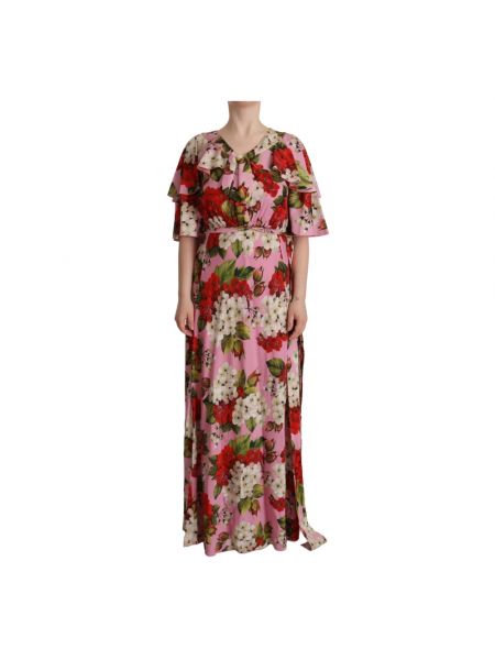 Jedwabna sukienka długa w kwiatki Dolce And Gabbana różowa