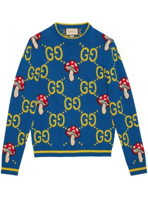 Sweter wełniany z okrągłym dekoltem Gucci niebieski