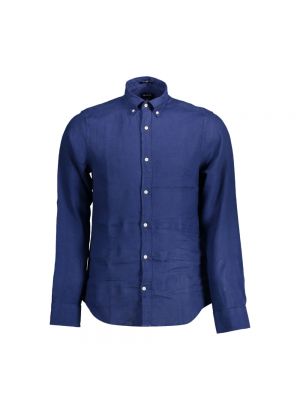 Lniana haftowana koszula slim fit Gant niebieska