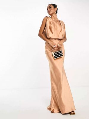 Атласное длинное платье с драпировкой Asos коричневое