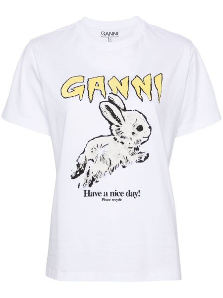 Kokvilnas t-krekls ar apdruku Ganni balts