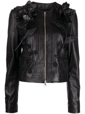 Kožna jakna s cvjetnim printom Elie Saab crna