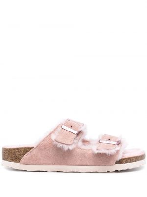 Sandale cu blană cu cataramă Birkenstock roz