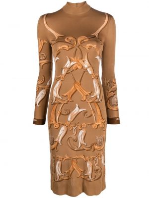 Hedvábné šaty s potiskem Hermès Hnědé