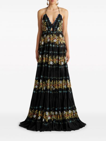 Květinové bavlněné dlouhé šaty s otevřenými zády Etro černé