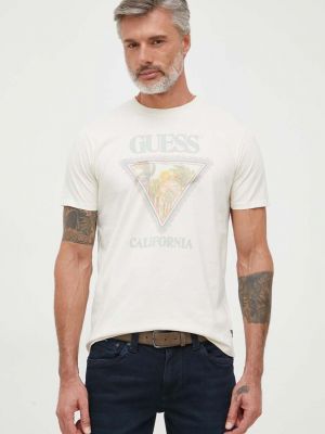 Bavlněné tričko s potiskem Guess béžové
