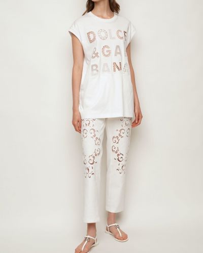 Памучни дънки бродирани с дантела Dolce & Gabbana бяло