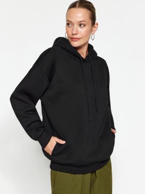 Megztas flisas džemperis su gobtuvu su kišenėmis Trendyol juoda