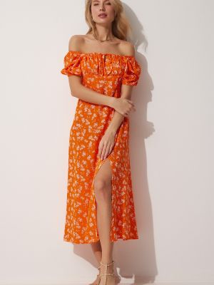 Obleka iz viskoze s cvetličnim vzorcem Happiness İstanbul oranžna