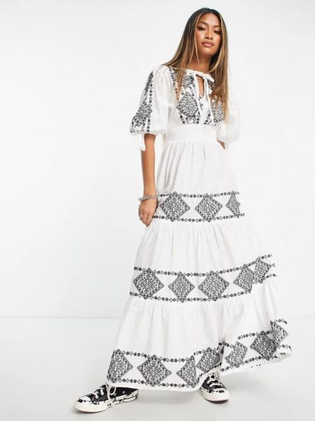 Длинное платье с вышивкой свободного кроя ретро Reclaimed Vintage белое