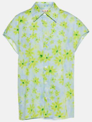 Хлопковая рубашка в цветочек с принтом Marni зеленая