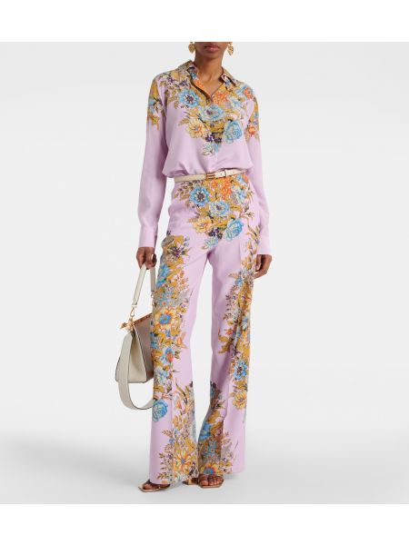 Шелковые брюки с высокой талией в цветочек Etro розовые