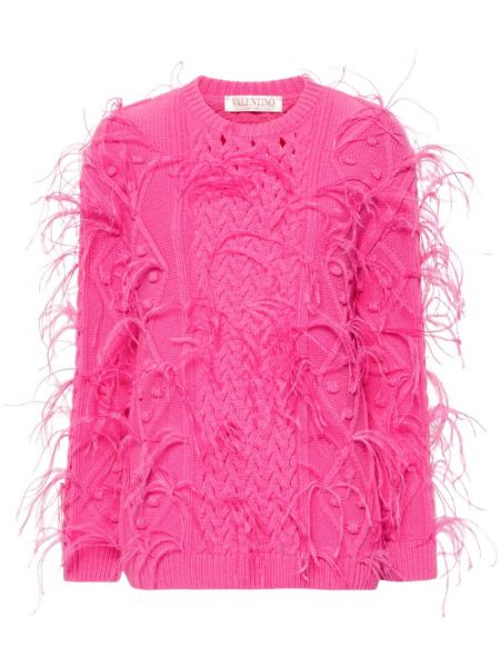 Плетен пуловер с пера Valentino Garavani розово
