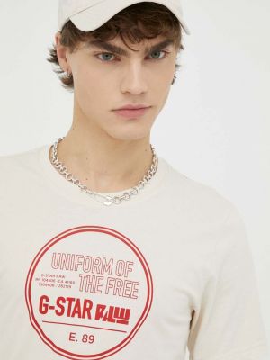Bavlněné tričko s potiskem s hvězdami G-star Raw béžové